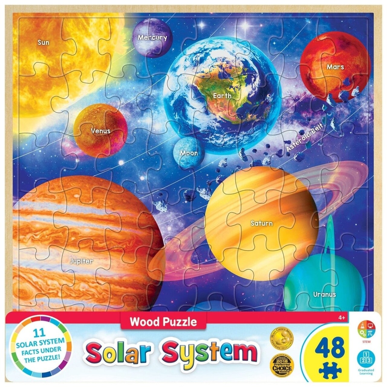 Wood Solar System Jigsaw Puzzle 48 Piece Fun Facts 11X11 Educational Toy